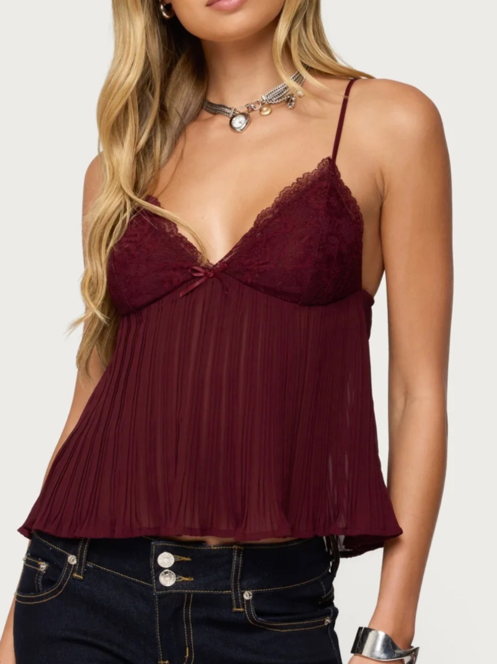 Edikted Burgundy lace cami top with sheer mesh and ruffled hem